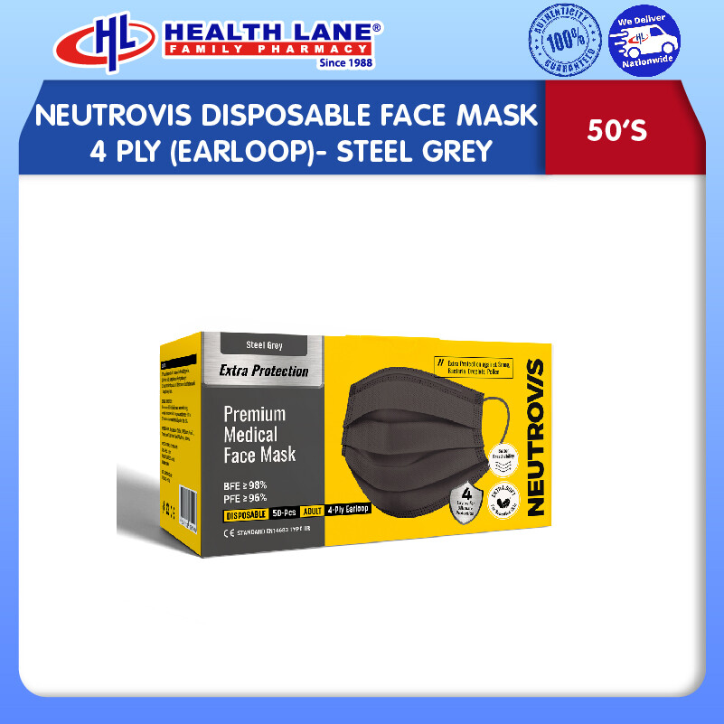 NEUTROVIS  MASK MUKA 4 PLY 50'S (EARLOOP)- STEEL GREY
